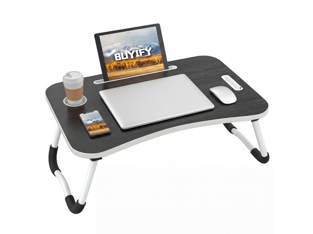 23' Foldable Lap Desk for Laptop Writing w/Cup Holder Black Sturdy and Durable, Laptop Bed Desk with Tablet Slot, No Assembly, Space Saving for Bed...