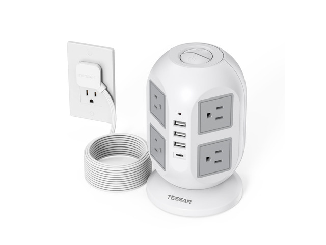 Tower Power Strip 10 ft, Long Flat Extension Cord Multiple Outlets 8 AC Outlets with 4 USB Ports (1 USB C), Charging Station for Home Office Dorm...