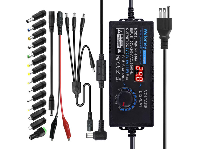 Universal Power Supply 3V~24V 6A 144W Adjustable Variable 3V 5V 9V 12V 18V 20V 24V AC/DC Adapter Charger, 100V-240V AC to DC Converter with 14...