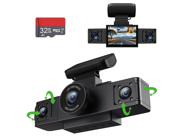 3 Channel 1080P Dash Cam Front and Inside Left/Right, Free 32G Card, Dash Camera Loop Recording, Triple Camera for Cars 24 Hours/7 Parking Monitor,...