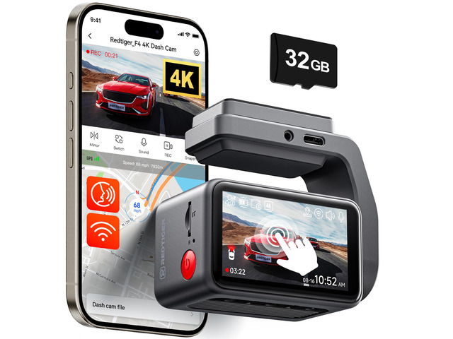 F4 4K Dash Cam Front, 2.2 inch Mini Car Camera, 2160P UHD Touch Screen, Voice Control, Included 32GB Card, Night Vision, Built-in GPS, WiFi APP...