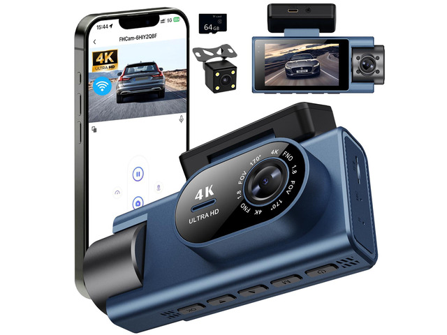 Dash Cam Front Rear Inside, 4K Full HD Dash Camera for Cars, Included 64GB Card, Built-in Wi-Fi, 3 IPS Screen, Night Vision, 170Â°Wide Angle,Loop...