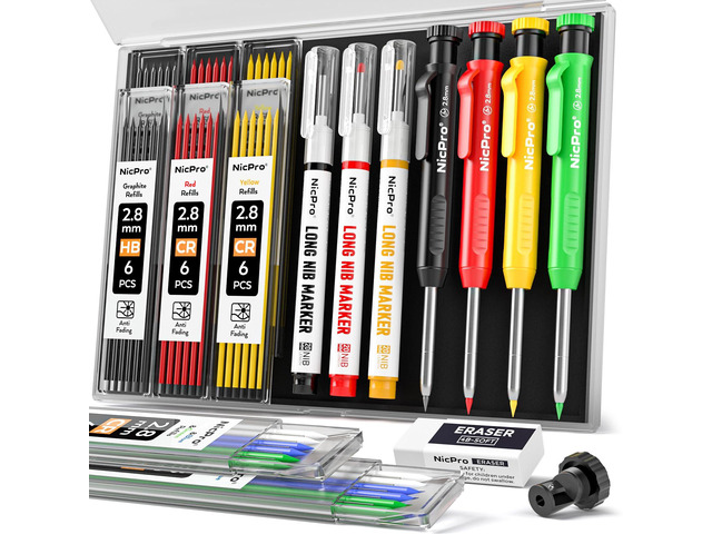 4 Pack Carpenter Pencils with Sharpener, (Red, Black, Yellow, Green) Construction Mechanical Pencil Set +52 Refills, Heavy Duty Working Tools, Long...