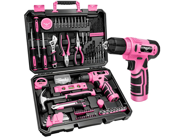 127-Piece Home Tool Set with 8V Pink Cordless Drill With Portable Toolbox, Hand Tools for Home Repair, DIY Projects & Daily Use, Gift for Women & Men