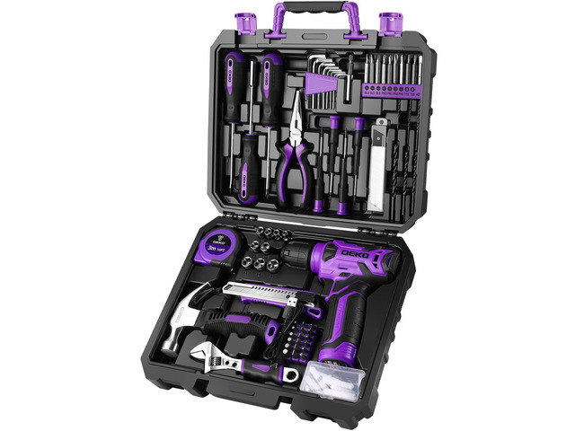 Tool Set: Tool Kit with 8V Cordless Drill, Hand Toolbox with storage case, Tool set for Home Repairs 126 Piece, Purple