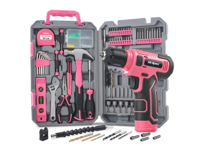 Tool Set with 8V Drill Set Home DIY Repair & Maintenance, Pink Cordless USB Electric Drill Driver, Hand Tool Kit for Women and Men, Complete Home...
