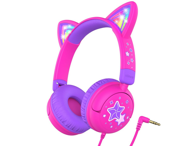 HS25 Kids Headphones Cat Ear, LED Light Up for Toddler Girls School SafeSound Tech3.0, 3.5mm Wired Foldable, Stereo Sound, Over-Ear Headphones for...