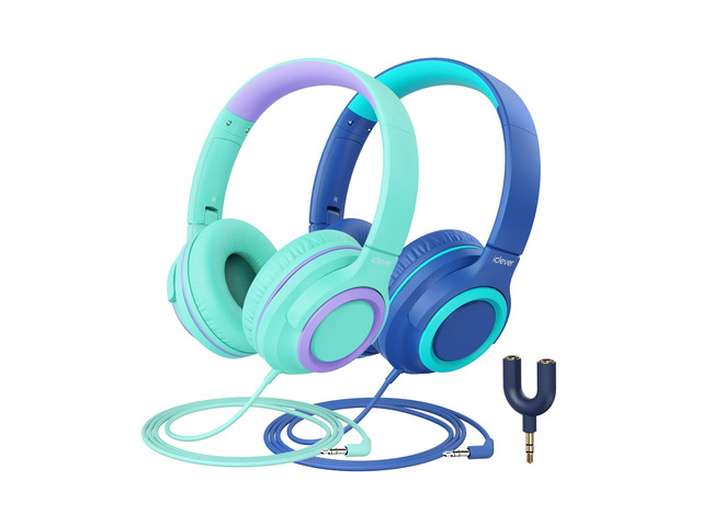 HS22 2-Pack Kids Headphones with Sharing Splitter for School Travel SafeSound Tech3.0, Share Audio, Tangle-Free, 3.5mm Jack, Foldable, Stereo...