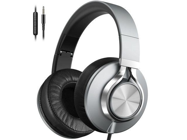 C90 Wired Headphones with Mic Volume Control Noise Isolating Grey Over Ear Headphones Wired for Teens & Adults, Super Soft, Foldable, Portable Bag,...