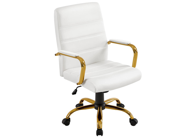 White and Gold Office Chair Mid Back PU Leather Rocking Desk Seat Foam-padded PU leather seat and gold-tone metal frame dress up a desk or...