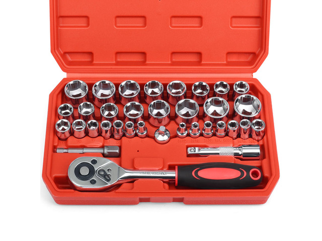 34 Pieces 3/8 inch Drive Socket Ratchet Wrench Set, with Socket Set Metric/SAE and Extension Bar for Auto Repairing and Household, with Storage Case