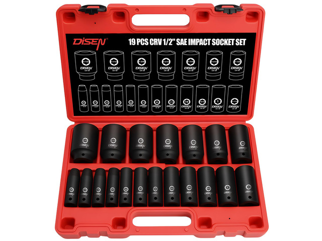 19 Pcs 1/2' SAE Impact Socket Set Deep Sockets 3/8'- 1-1/2', 6-Point Cr-V & Alloy Steel, 1/2 Inches Drive, Rugged Construction, Enhanced Storage Case