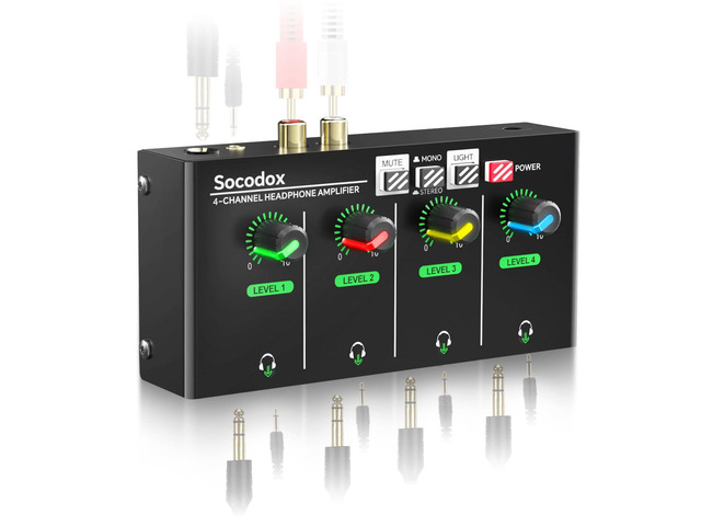 4 Channel Headphone Amplifier, 8 Outputs Stereo Audio Amplifier Metal Headphone Amp with 1/4', 1/8' & RCA Inputs, RGB Volume Control, Stereo/Mono...
