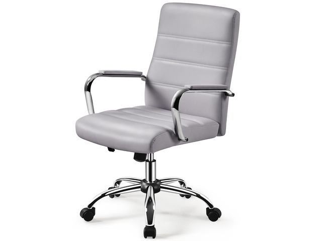 Light Gray Office Chair PU Leather Swivel Rocking Seat with Arms Foam-padded channel-stitched PU leather back supports desk hours; chrome frame...