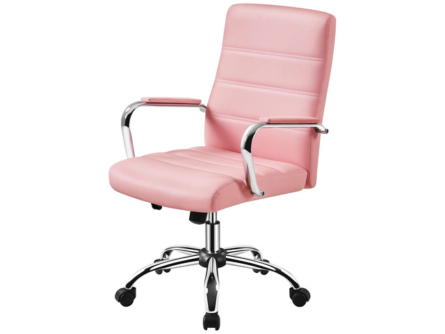 Pink Office Chair PU Leather Swivel Rocking Desk Seat with Arms Foam-padded channel-stitched PU leather back supports desk hours; chrome frame...