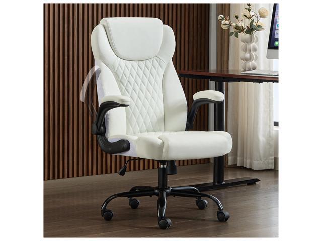 Big and Tall Office Chair, Flip-Up, Executive Desk Chair, White Ergonomic Leather High Back, Lumbar Support, 90 Â°Lock, 115Â° Tilt, 20 Spring...