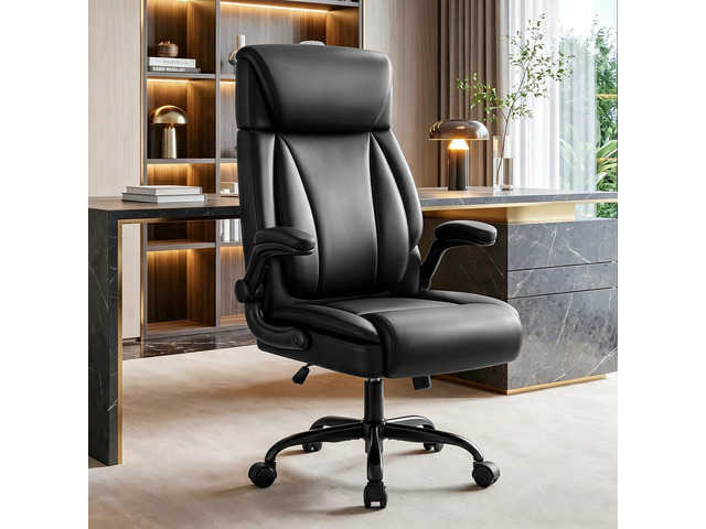 Ergonomic Office Chair, PU Leather Executive Desk Chair with Adjustable Headrest, Flip-Up Arms and Lumbar Support, High Back Computer Chair for...