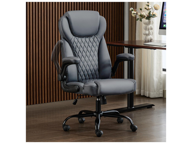 Big and Tall Office Chair, Flip-Up, Executive Desk Chair, Grey Ergonomic Leather High Back, Lumbar Support, 90 °Lock, 115° Tilt, 20 Spring Packs,...