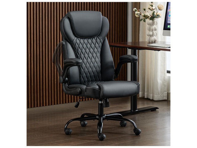 Big and Tall Office Chair, Flip-Up, Executive Desk Chair, Black Ergonomic Leather High Back, Lumbar Support, 90 °Lock, 115° Tilt, 20 Spring...