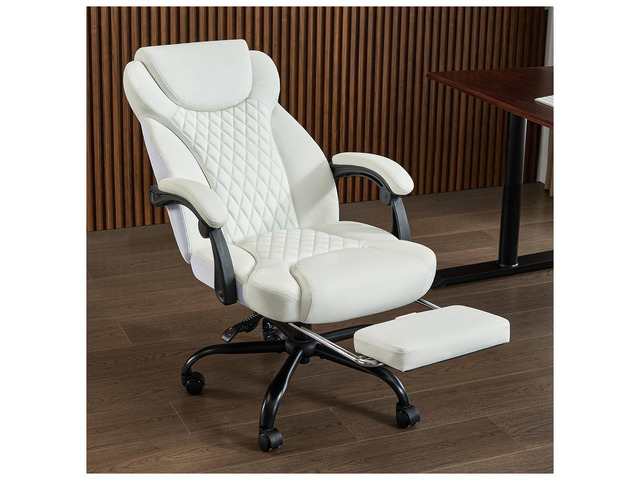 Big and Tall Office Chair with Footrest, Lumbar Support, White Ergonomic Leather High Back, Infinite Lock Reclining 90Â°-135Â°, 20 Spring Packs,...