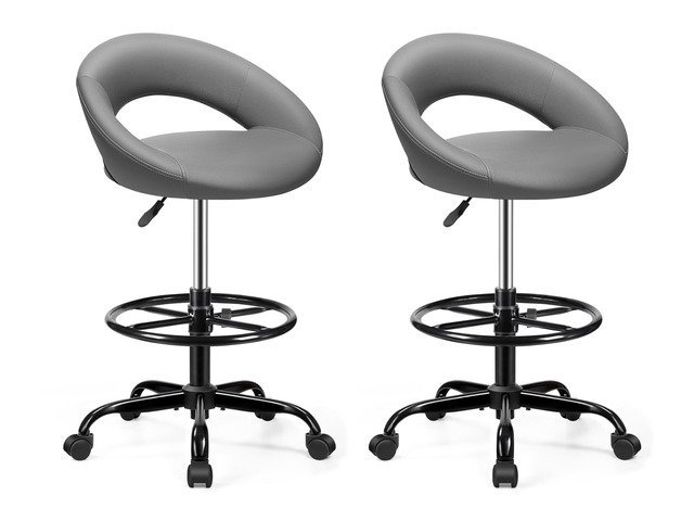 Ergonomic Drafting Chair, Height Adjustable Rolling Stool, Gray 360Â° Swivel PU Leather Stool with Wheels & Foot Rest for Home Office, Standing...