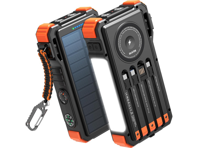 BLAVOR Solar Power Bank 20000mAh Built-in Cables, Wireless Charger for Phones & Apple Watch, 20W Fast Charging Battery Pack with USB C, Flashlight,...