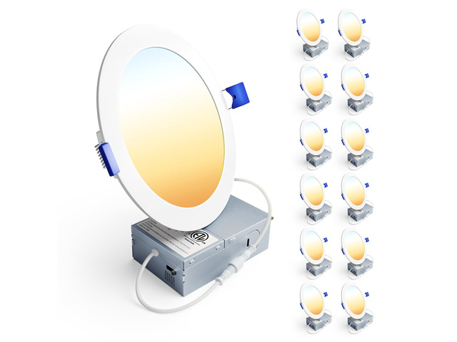 12 Pack 6 Inch LED Recessed Ceiling Light, 5CCT, 1200LM 12W 120V 2700K-5000K Selectable, 5%-100% Dimming, Ultra-Thin Canless Wafer Downlight with...