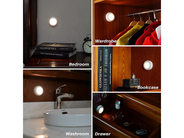 2.8 LED Motion Sensor Lights Indoor AAA Battery, 6 Pack Warm Stick on Puck Light Battery Powered, Round Motion Activated Night Lamps, For Closet...