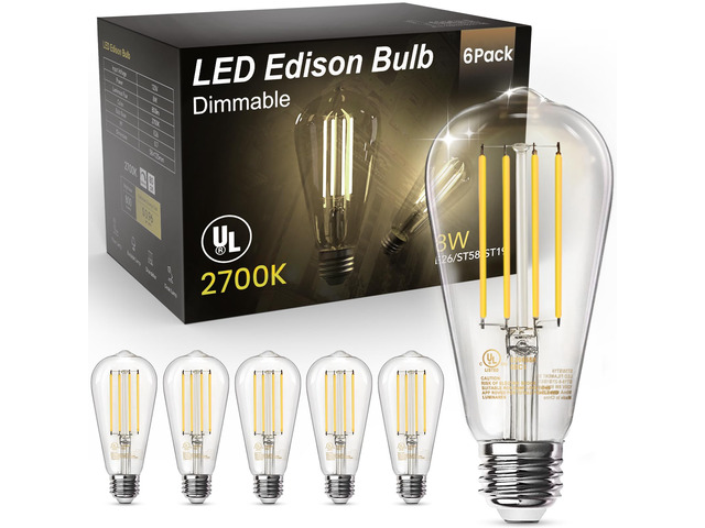 LED Edison Light Bulbs, E26 Dimmable Vintage Bulb, 8W = 60W Equivalent Warm White 2700K, 800LM, E26 Base, ST19/58, 80+ CRI, Clear Glass, Antique...