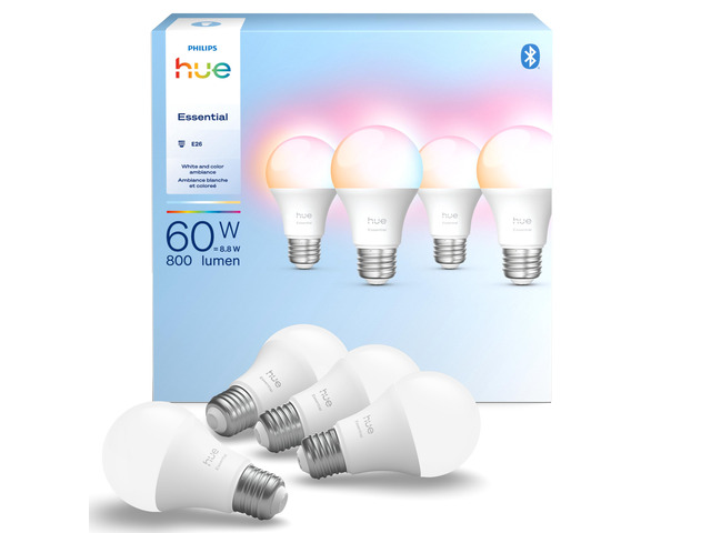 Essential Smart LED A19 Bulb, 4-Pack White & Color Ambiance, E26, 7.2W, 2200K-6500K, 800 Lumens, Dimmable, Works with Alexa, Google Assistant,...