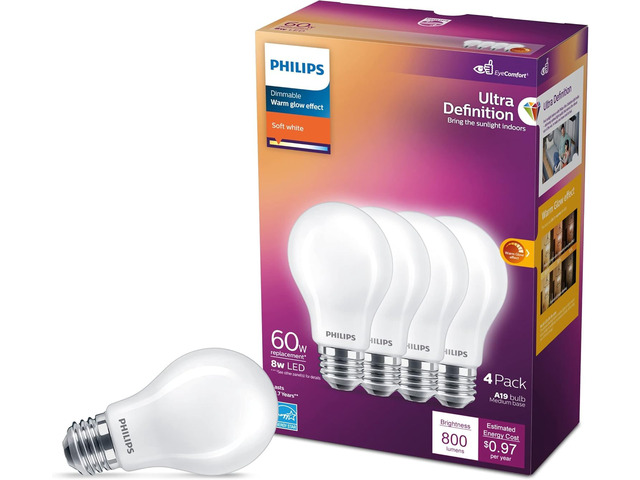 60W A19 4-Pack Ultra Definition Soft White LED Light Bulbs (2700K) 800 Lumen (8W = 60W) Dimmable Clear Flicker-Free Light Bulbs