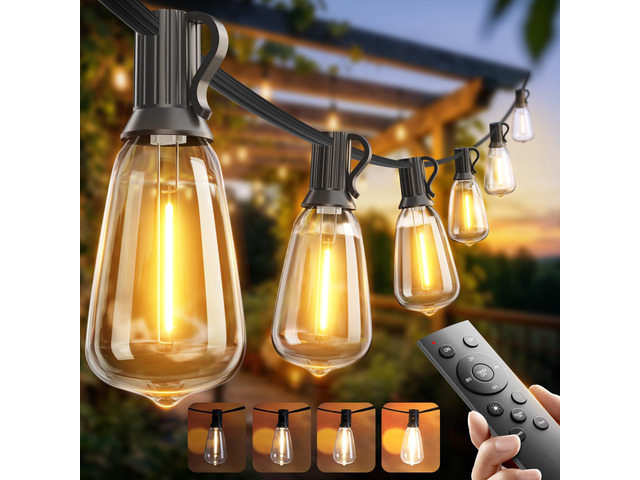 100FT Outdoor String Lights ST38 LED with Remote Waterproof Dimmable Shatterproof Replaceable Bulbs, Connectable Hanging Strand for Porch Backyard...