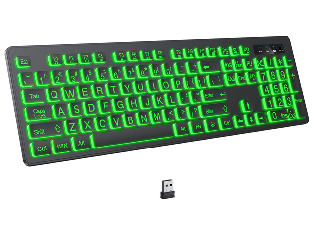 KOPJIPPOM Large Print Backlit Wireless Keyboard, 2.4G Silent Wireless Light Up Keyboard, Full Size Computer Keyboards with 7 Colored Backlits,...