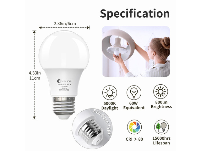 A19 LED Light Bulbs,60 Watt Equivalent,Daylight 5000K,12-Packs E26 Base,Efficient 9W,800 Lumens Non-Dimmable LED Bulbs,15000 Hours, Ideal for...