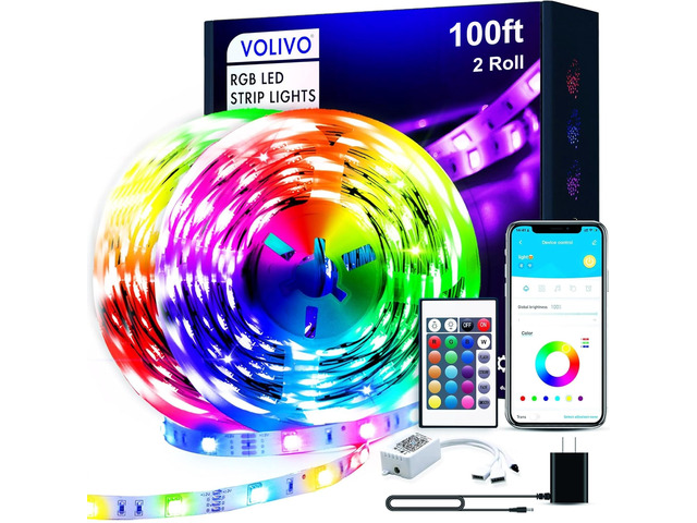 100FT LED Strip Lights for Bedroom RGB Color Changing Bluetooth App Control, IR Remote Control, Music Sync, Room Home Decor