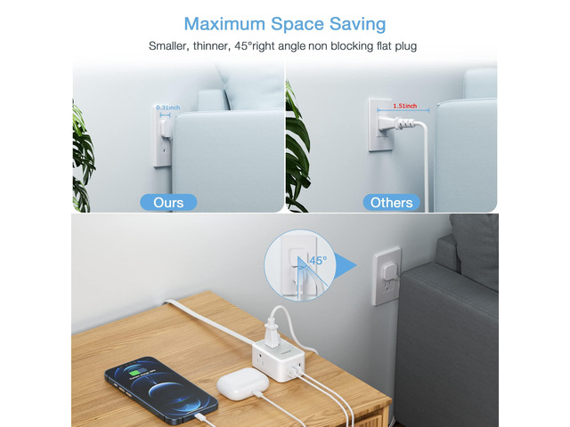 Small Flat Plug Power Strip, Ultra Thin Extension Cord 10 ft, Grey 3 AC Outlets with 3 USB Ports (1 USB C), Wall Outlet Extender, NO Surge...