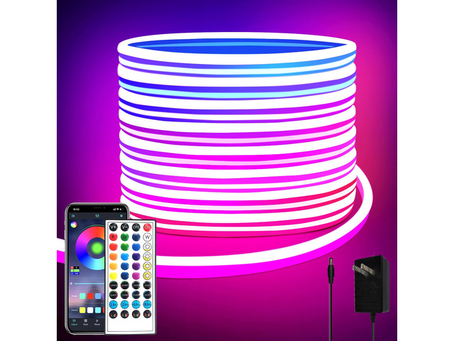 32.8ft LED neon Lights with Remote APP Control IP65 Waterproof Flexible Neon Strip Lights 24V RGB Rope Lights for Bedroom Room Outdoors Décor