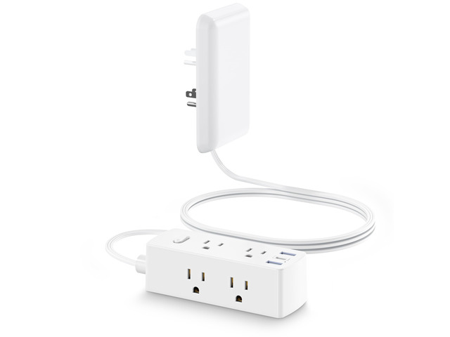 Flat Extension Cord with Outlet Cover, Flat Plug Power Strip with 6 Outlets and 3 USB Ports, 5 FT Cord Hidden Outlet Extender for Tight Spaces