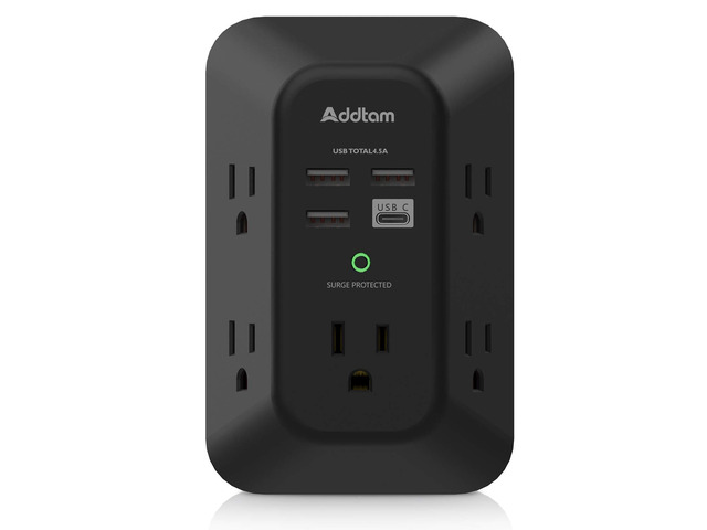 Surge Protector, Outlet Extender with 5 AC and 4 USB Ports, Black Multi Plug Wall Outlet, Electric Outlet Splitter, 3-Sided 1800J Power Strip for...