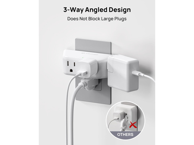 Multi Plug Outlet Extender 2 Pack, Surge Protector Outlet, White 4 Grounded Sockets, 3 Way Angled Plug Splitter, Space-Saving, 900J, Multiple Wall...