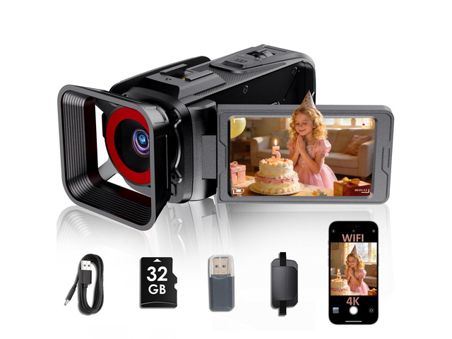 4K Video Camera Camcorder, 64MP Video Camera with 3 Flip Screen, 18X Zoom, WiFi, Webcam, 32GB SD Card, 2500mAh Battery (Black)