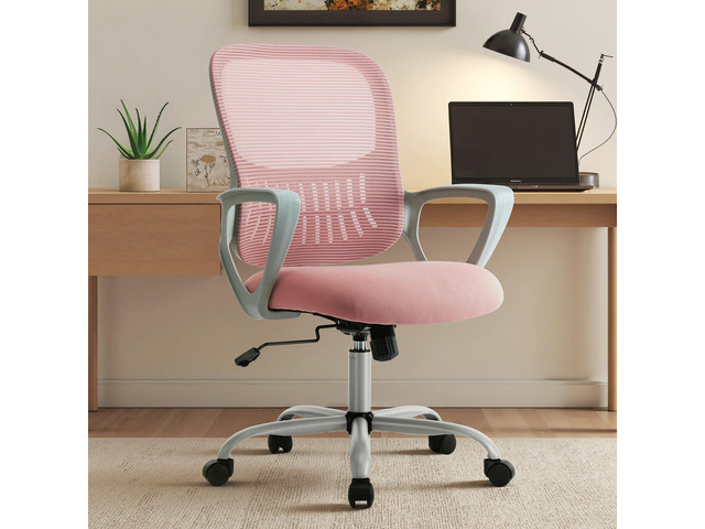 Home Office Chair, Mesh Office Chair, Lumbar Support Adjustable Height, 360° Swivel Wheels, Mid-Back, Comfy Arms for Small Space, Bedroom, Study,...