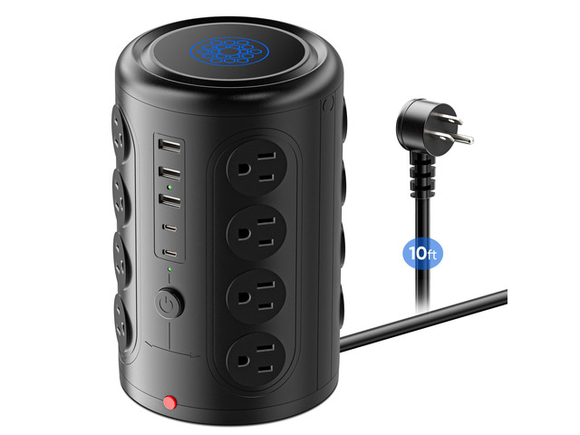 Power Strip Tower with 16 Outlets and 5 USB Ports, 10 FT Cord Vertical Power Strip 10 FT Extension Cord, 2000J Surge Protector Charging Station...