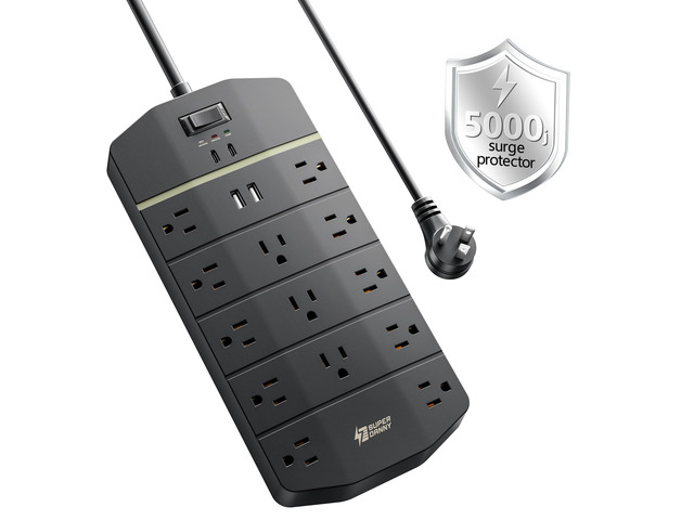 Power Strip Surge Protector 5000J, 15FT, 15A, PD 20W, 13 AC Black, 2 USB-A & 2 USB-C Fast Charging Heavy Duty 14AWG/3C Industrial Grade 15ft...