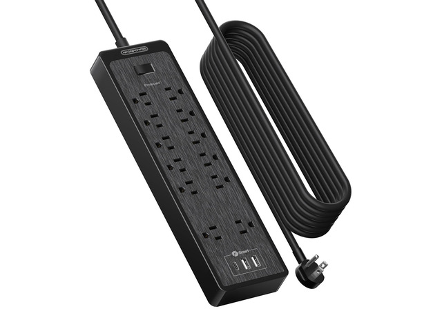 25 Ft Extension Cord Flat Plug, 12 Outlets(2 Widely Space) 3 USB with 2100J Power Strip, Overload Protection, 1875W/15A, Wall Mount for Home...