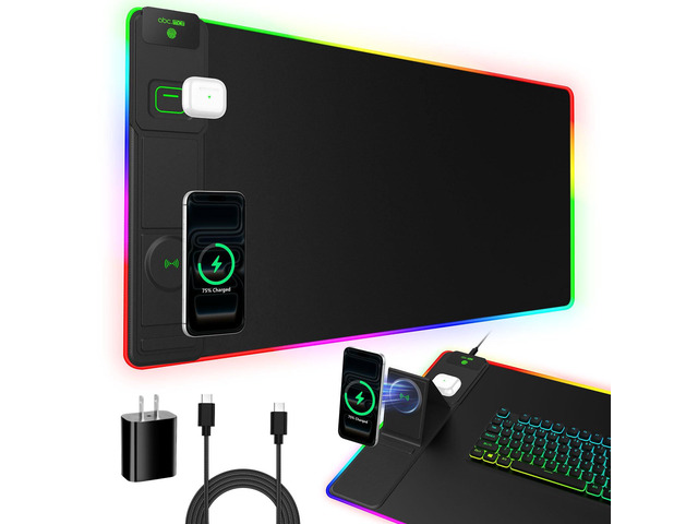 XXL RGB LED Gaming Mouse Pad with Magnetic Wireless Charger & Foldable Phone Holder, 31.5'x15.8' Extended Ultra-Smooth Desk Mat, 25 Lighting...