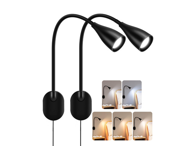 Wall-Mounted LED Bedside Reading Light USB Charging Port 2Pcs Black 10-Level Dimmable & Adjustable 5 Color, Plug-in Adhesive Night Lamp for Books...