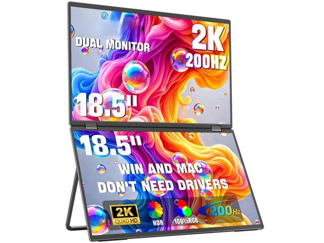 18.5' Dual Portable Monitor 2K 200Hz 100% sRGB - Foldable & Stackable Design with 315Â° Screen Adjustment & 180Â° Stand DP/USB-C/HDMI, Second.