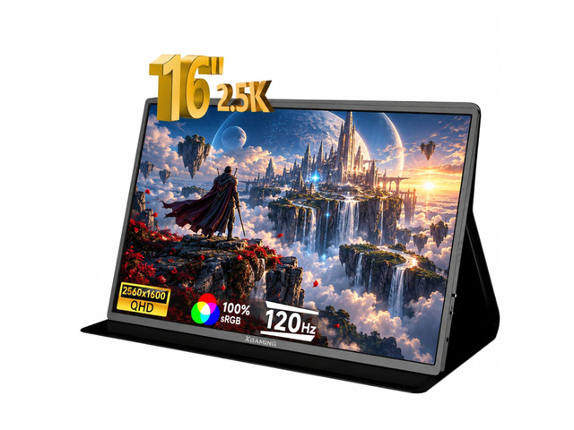 16' Portable Monitor, 2.5K QHD 2560x1600 120Hz IPS 16:10, 1ms 100% sRGB, USB-C & Mini HDMI, Dual Speakers, Smart Cover & VESA 75x75mm