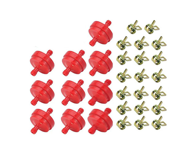 10pcs Plastic Red Lawn Mower Inline Fuel Filter For Lawn Mower Inline With 20 Pcs Hose Clamps Clips Fits 1/4in